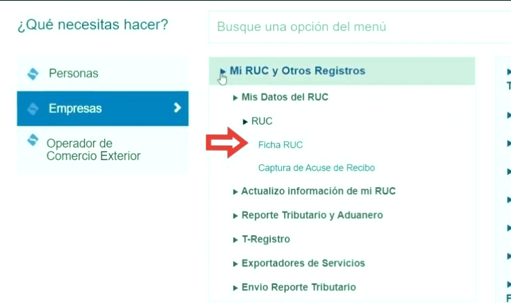 Navega haciendo clic a través de las siguientes opciones: Mi RUC y Otros Registros > Mis Datos del RUC > RUC > Ficha RUC. Aquí puedes ver todos los datos de tu Ficha RUC. 